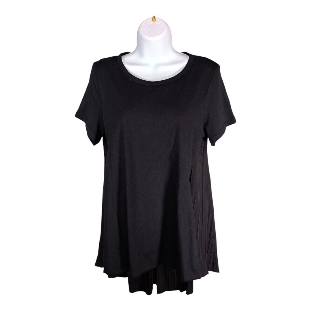 Ozai N Ku Tunic Top Tee Hi-Low Short Sleeve Pleated Cotton Black Womens Small