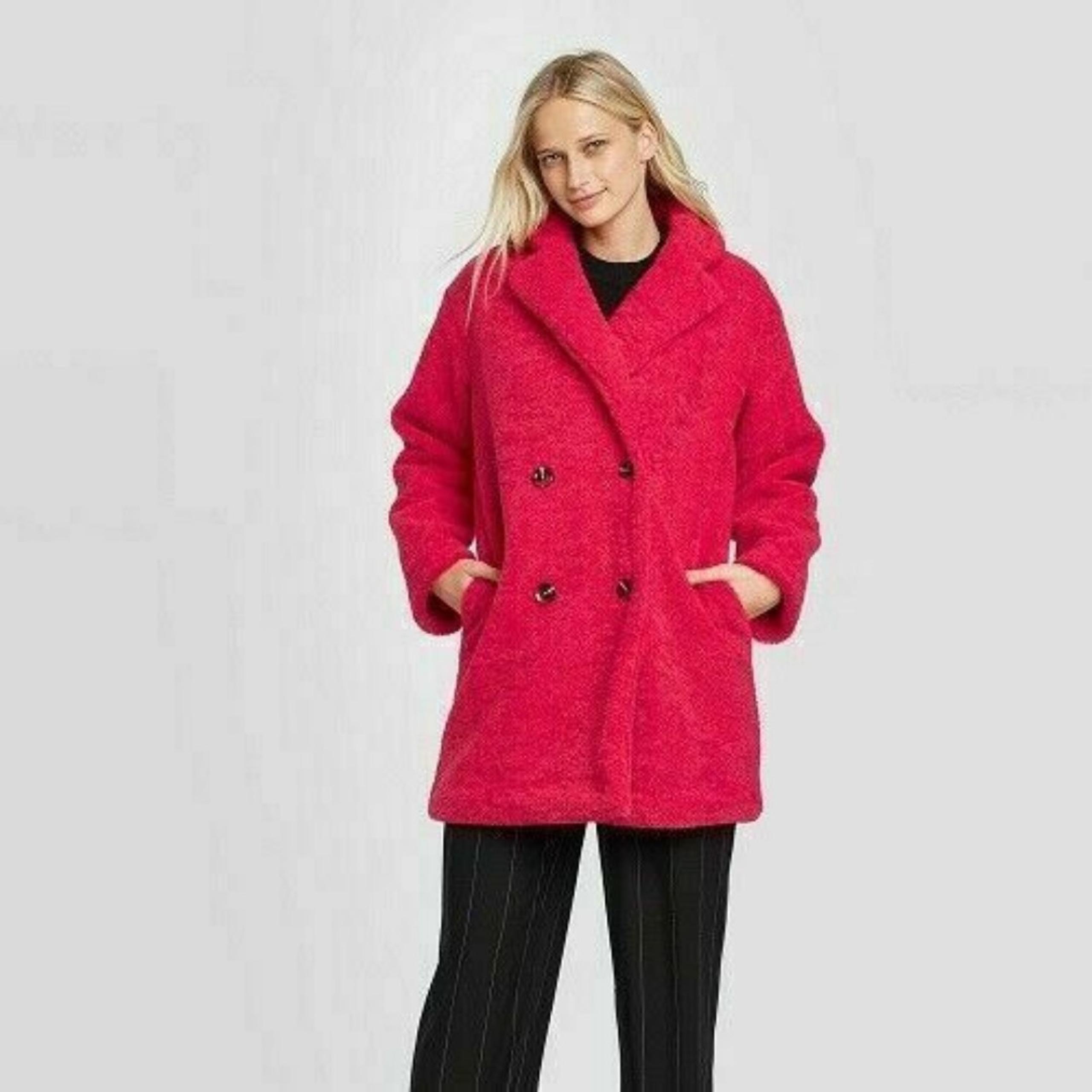 Women's coat holidays Double Breasted Soft faux Fur teddy Coat red raspberry L/S