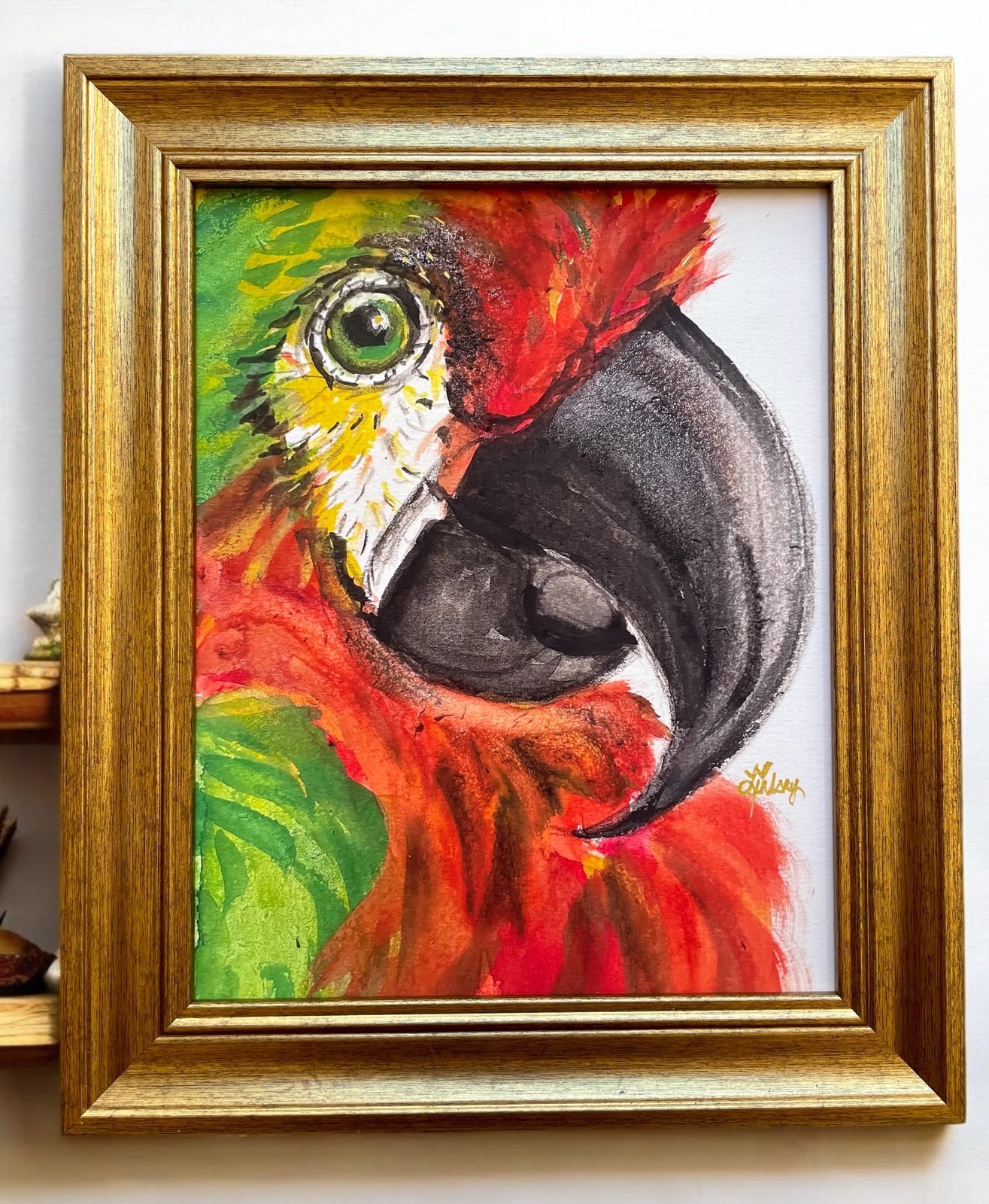 Boho macaw parrot bird art by artist, me! Framed gallery wall