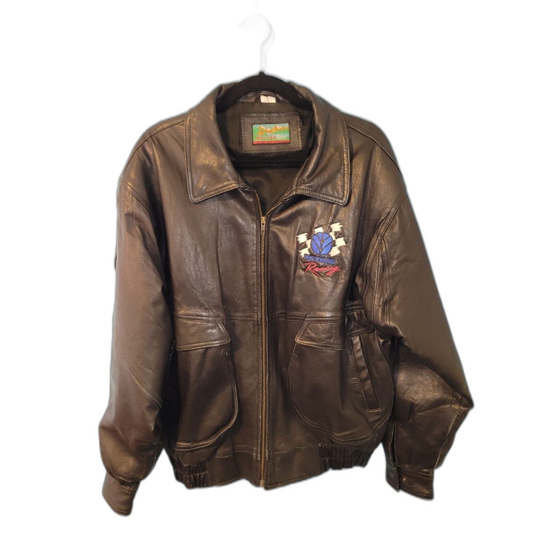 Vintage Shelter Bay New Holland Racing Men's Large Black Leather Jacket zip-up