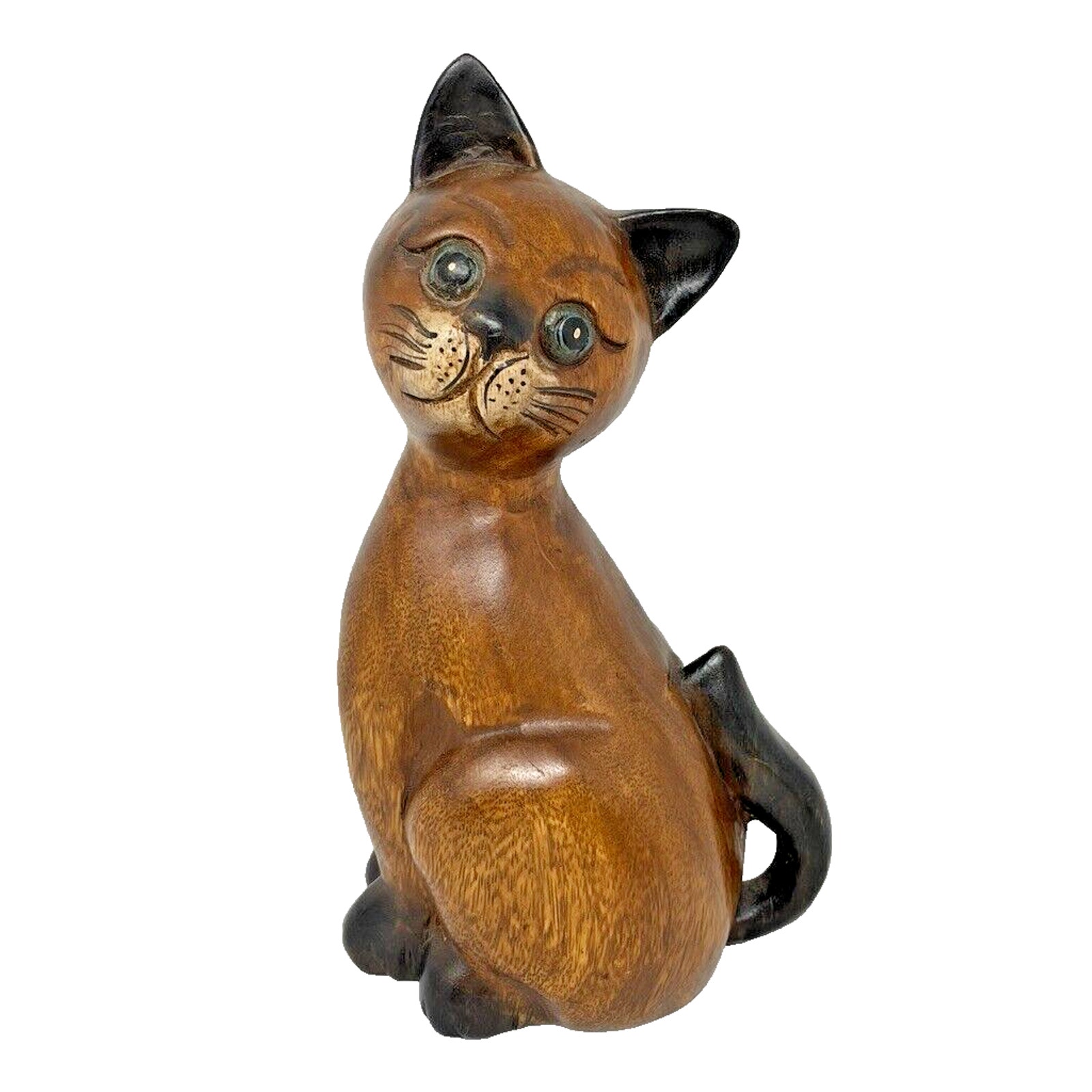 Vintage Hand Carved Wooden Cat Thailand Heavy Blue Eye Figurine Statue