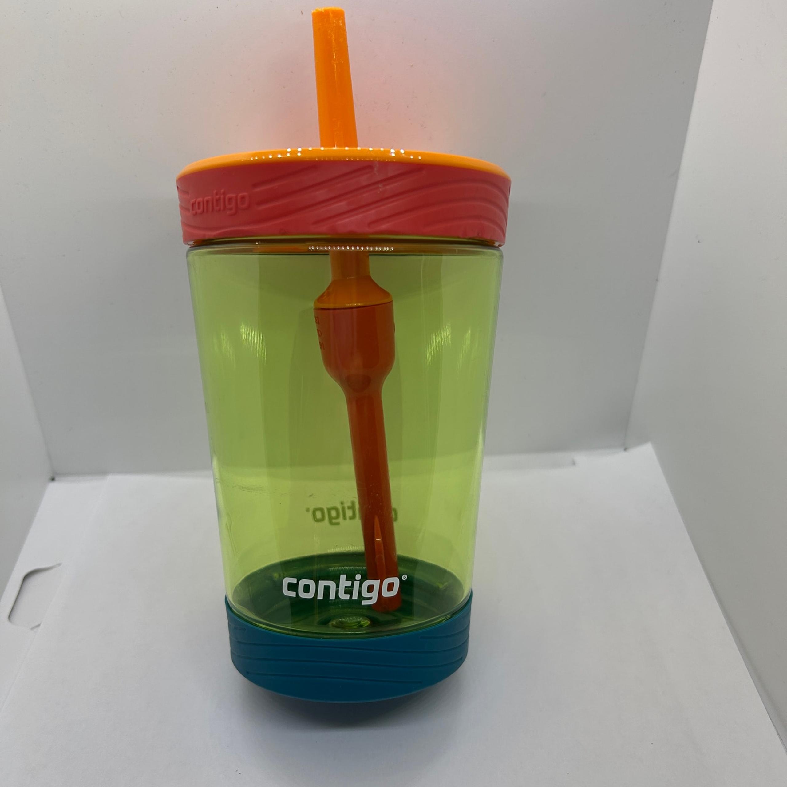 KIDS CONTIGO GREEN CUP J7 PARTS: Straw (chewed), Lid, Cup Teal Green Orange