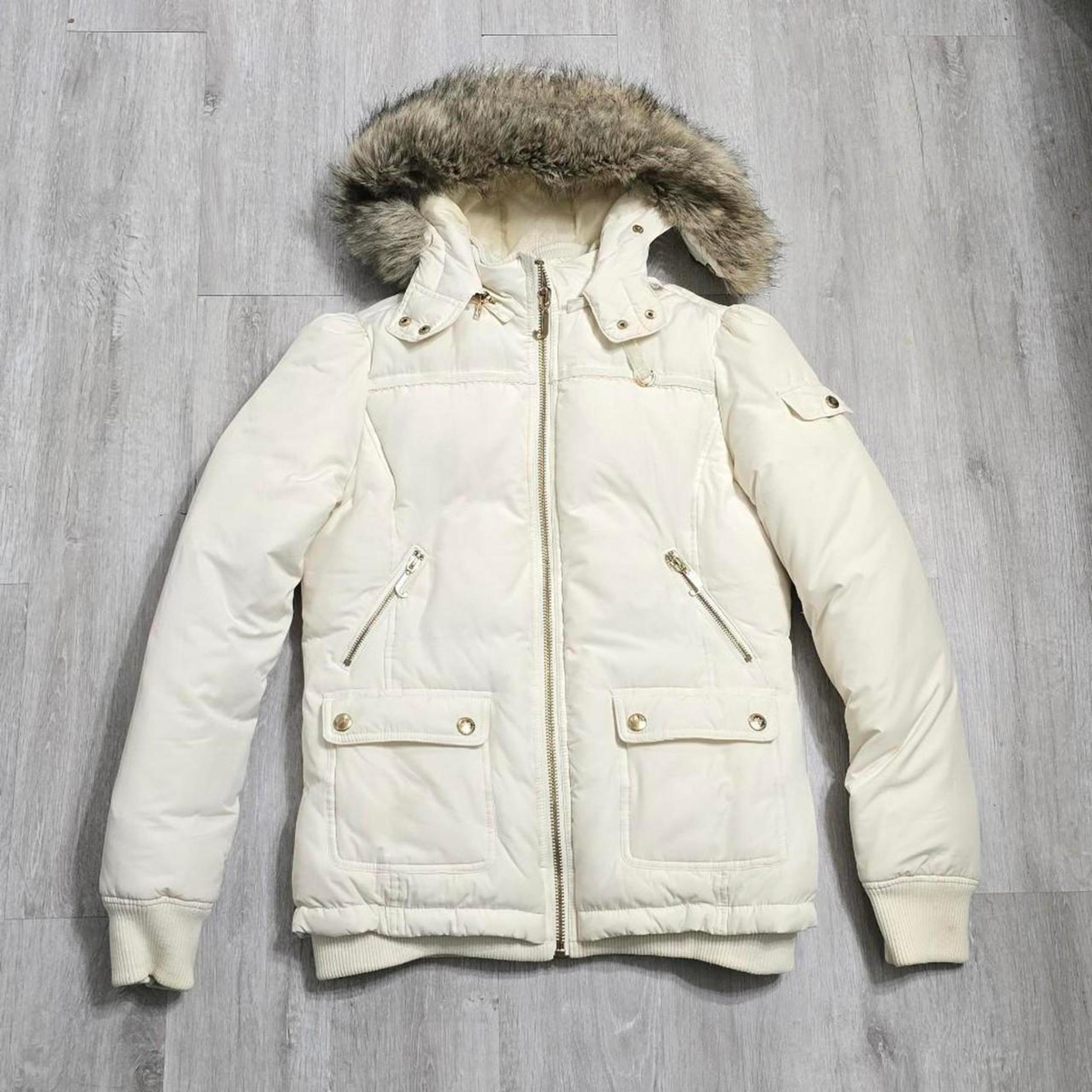 Vintage Y2K Juicy Couture White Puffer Jacket with Faux Fur Hood Size Large