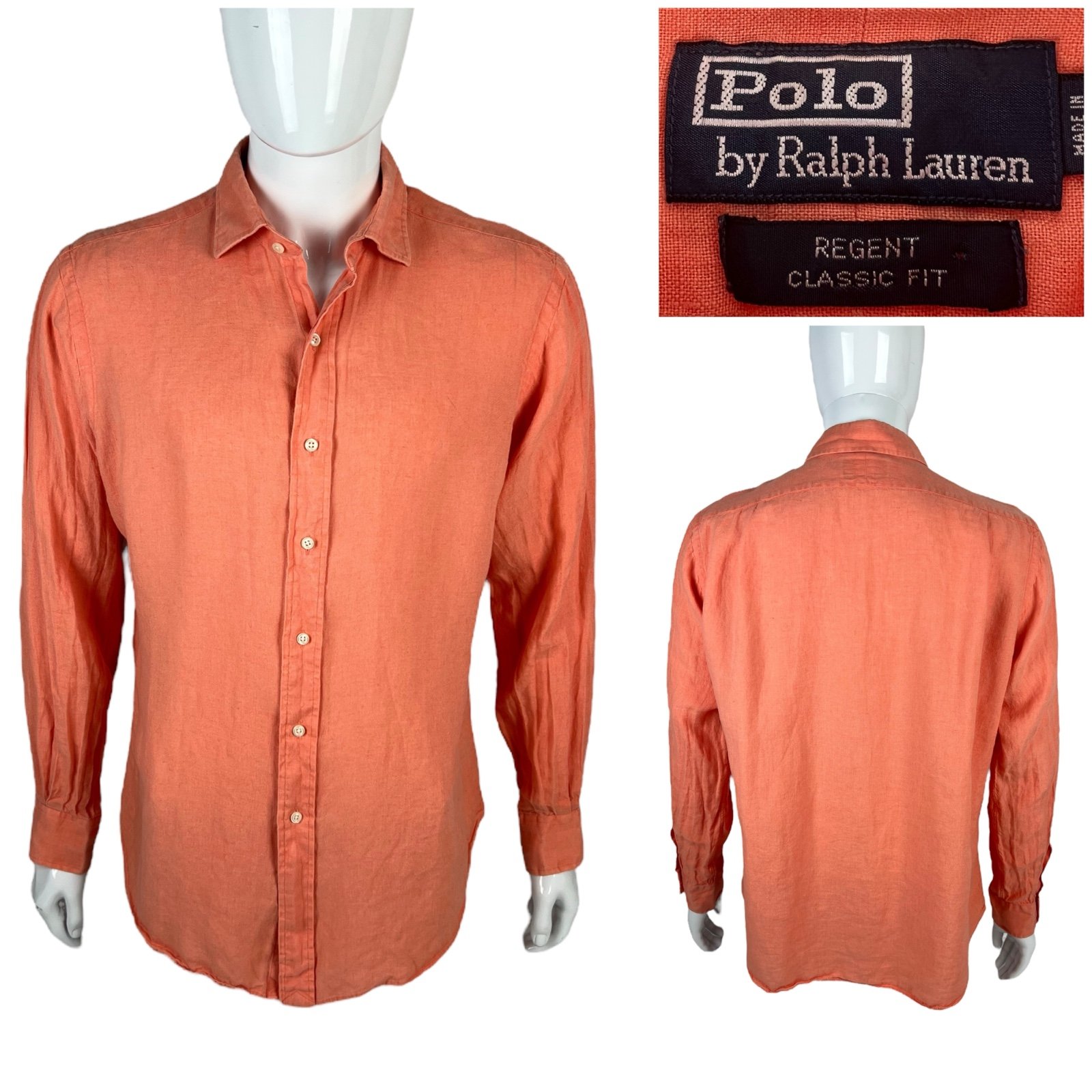 Polo Ralph Lauren Mens Large Shirt Orange Salmon 100% Linen Regent Classic Fit