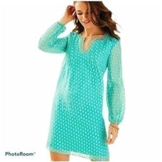 Lilly Pulitzer Colby Silk Blue Gold Long Sleeve Sheath Dress 00 Polka Dot Print