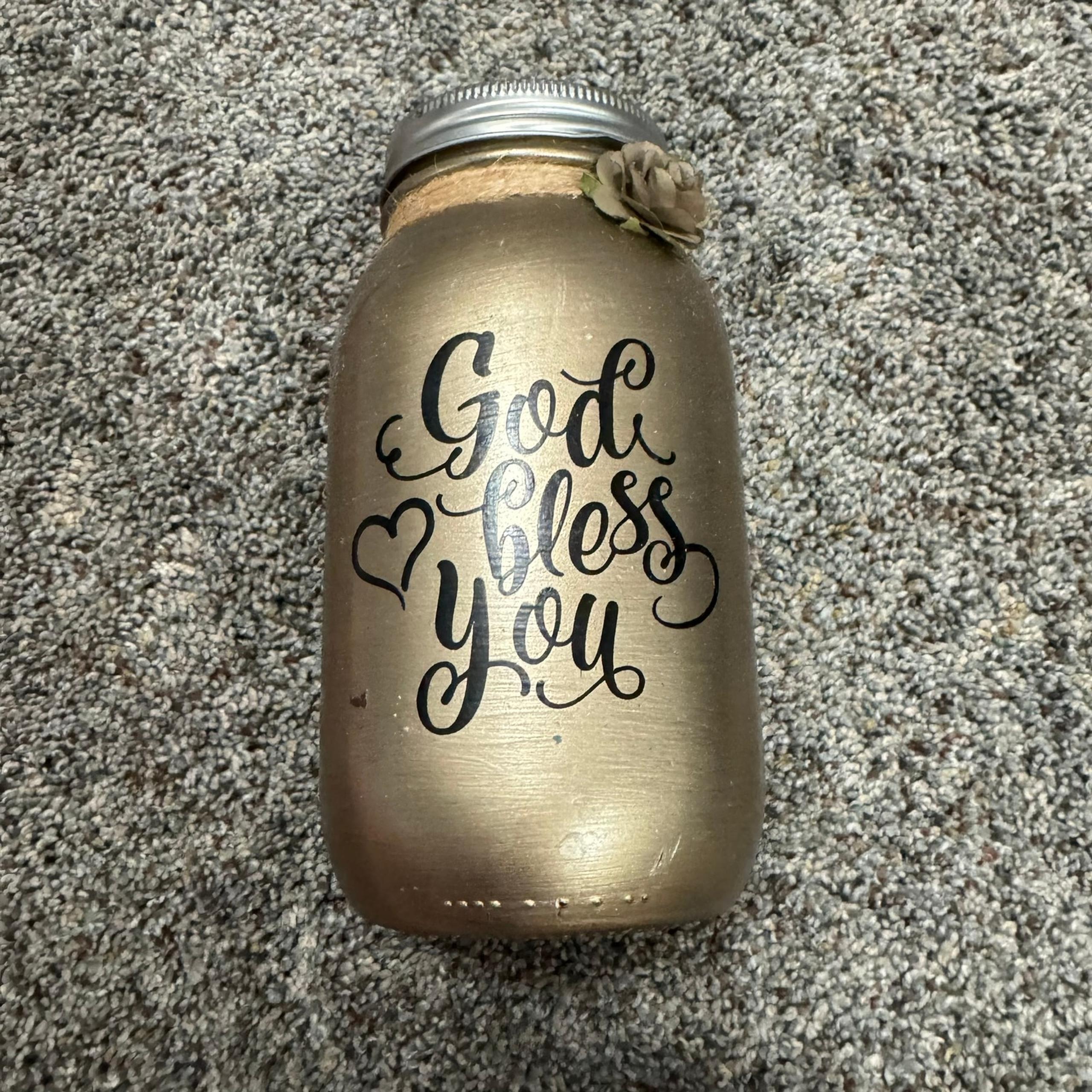 Hand Painted God Bless You Glass Ball Mason Jar "Piggy" Bank Coin Jar Wedding