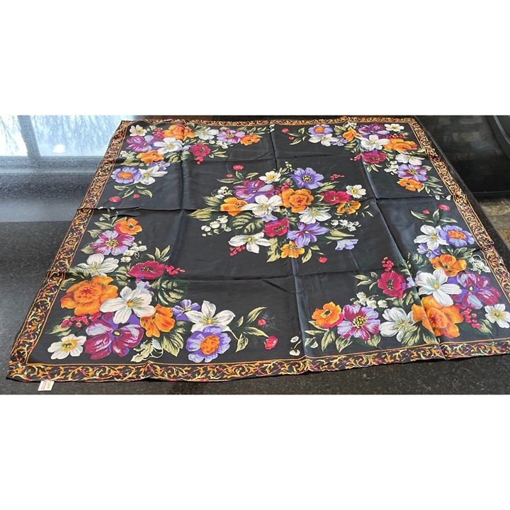 Vtg Scarf GOLDEN DRAGON 100% Silk Handmade Black Floral Design in Multicolor