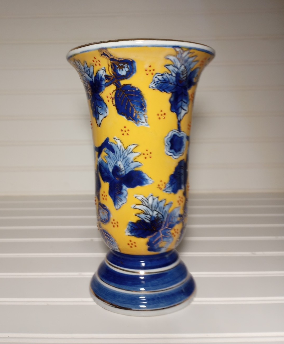 Vase Vintage Asian Style Ceramic Blue and Yellow