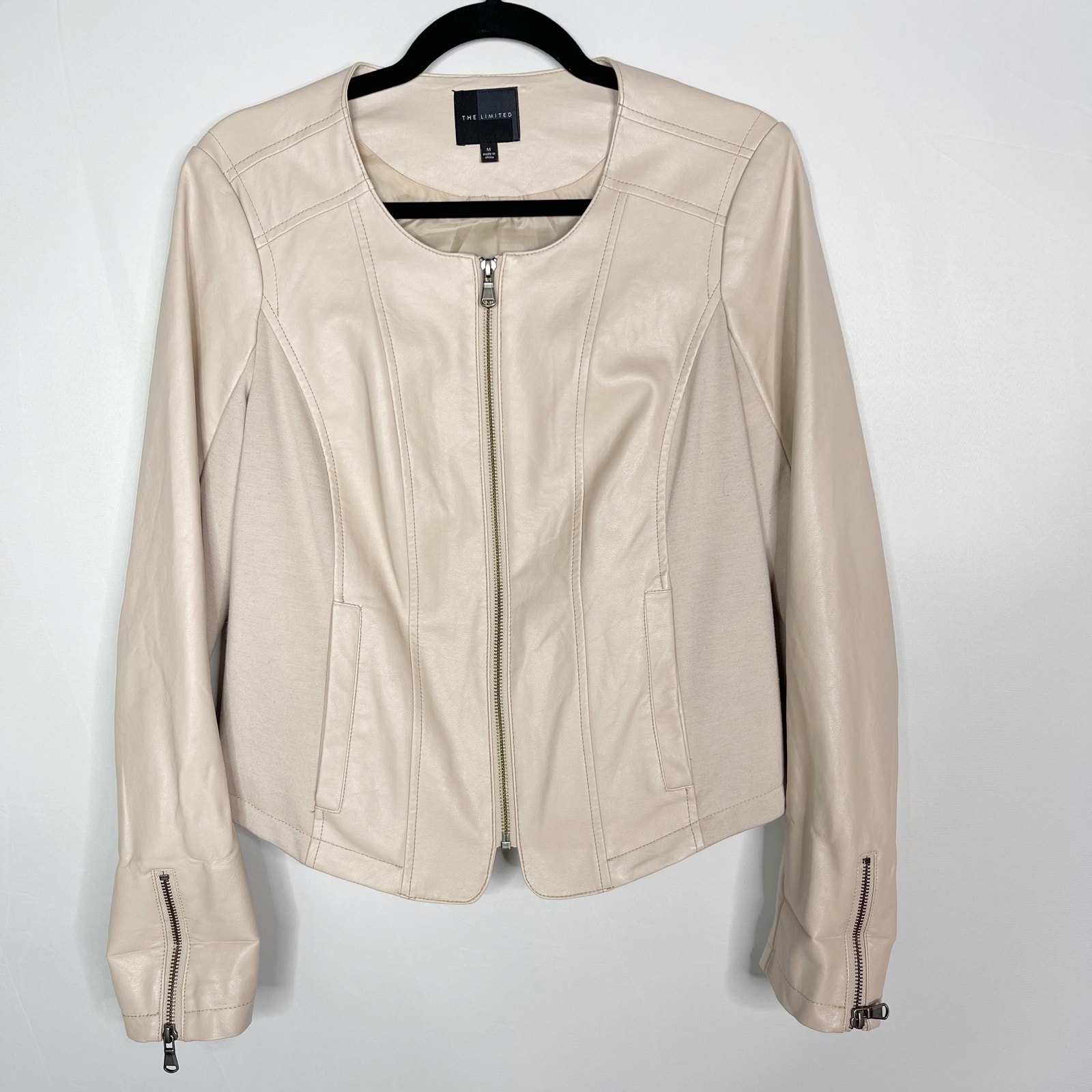 The Limited Medium M Blush Pink Faux Leather Full Zip Jacket Knit Pieced Sleeve