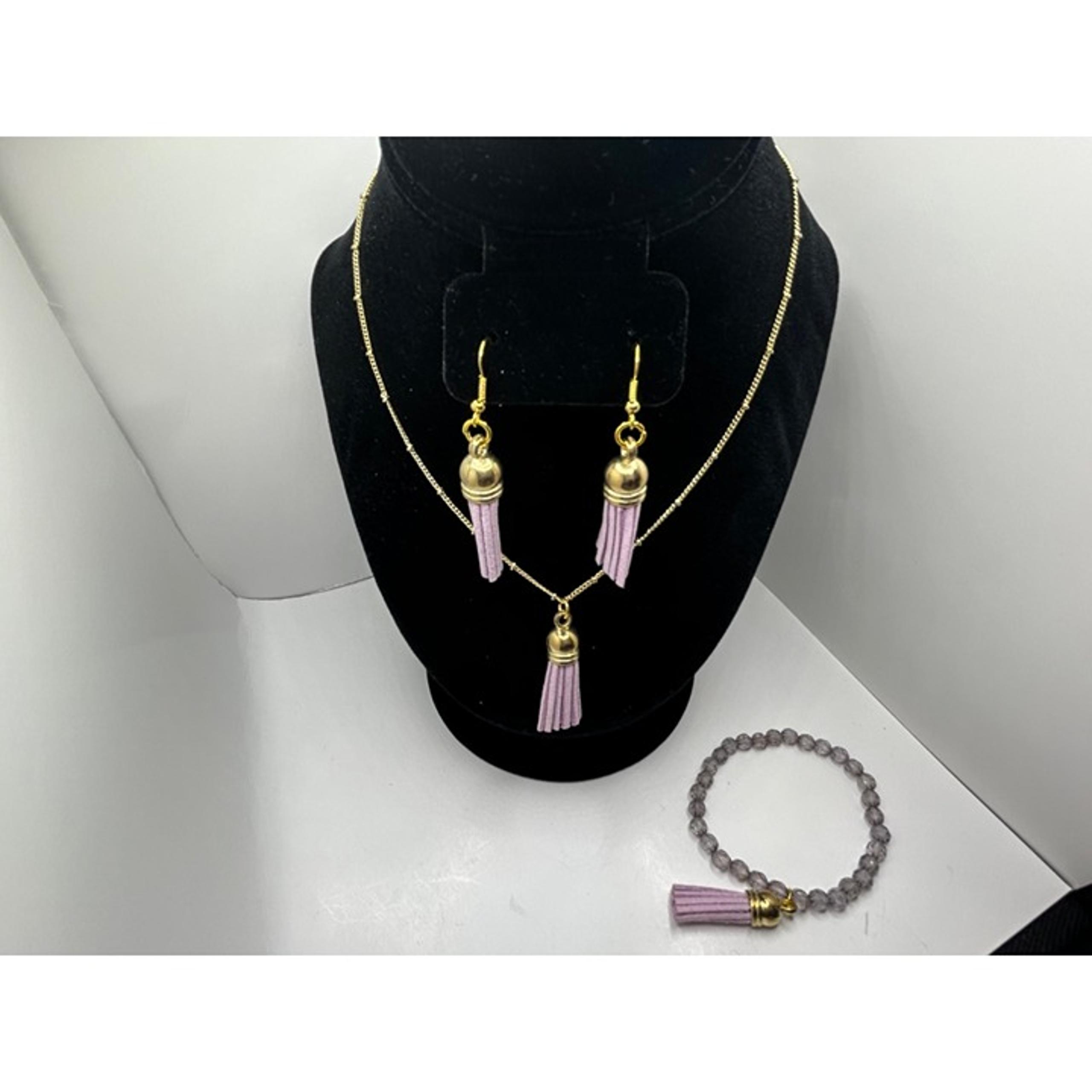 Purple Tassel Jewelry Set Necklace Earrings Stretch Bracelet Lot Gold tone Chain
