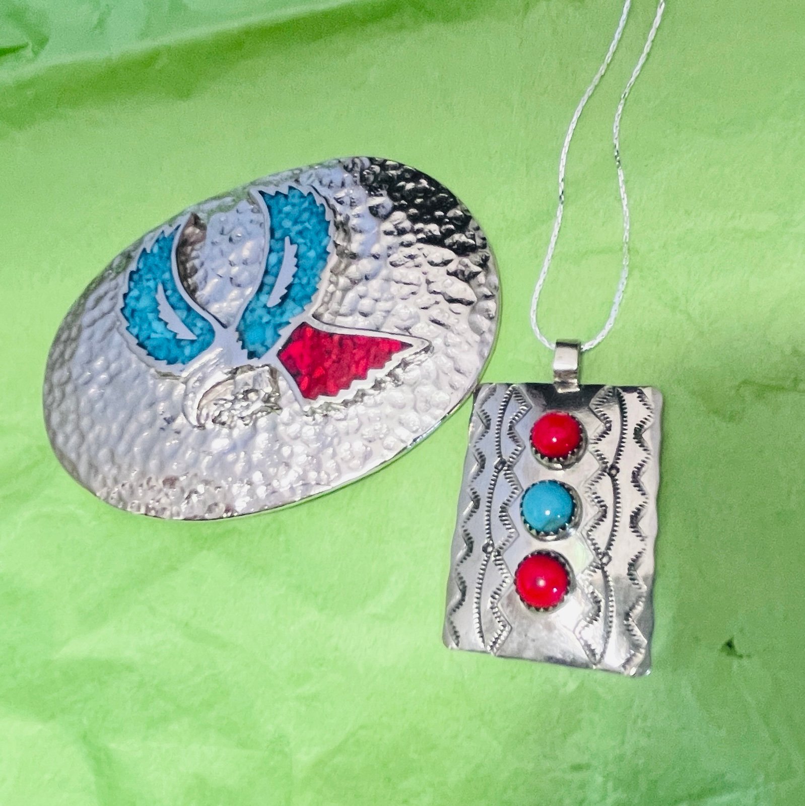2 Items Turquoise and Coral Belt Buckle and Necklace #221