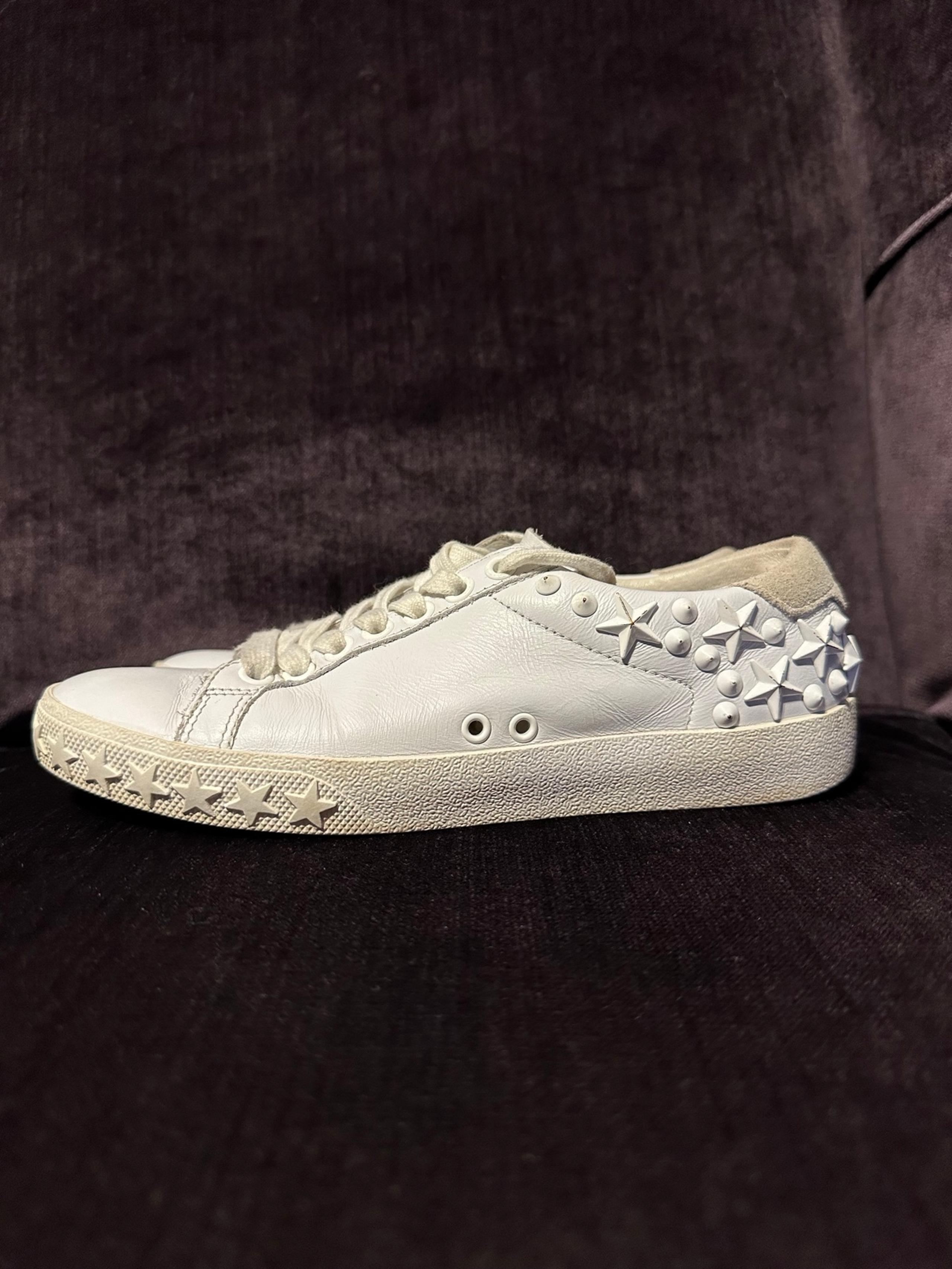 Ash Brand Dazed Silver Stars & Studs White Leather Shoes Sneakers Size 36 US 6