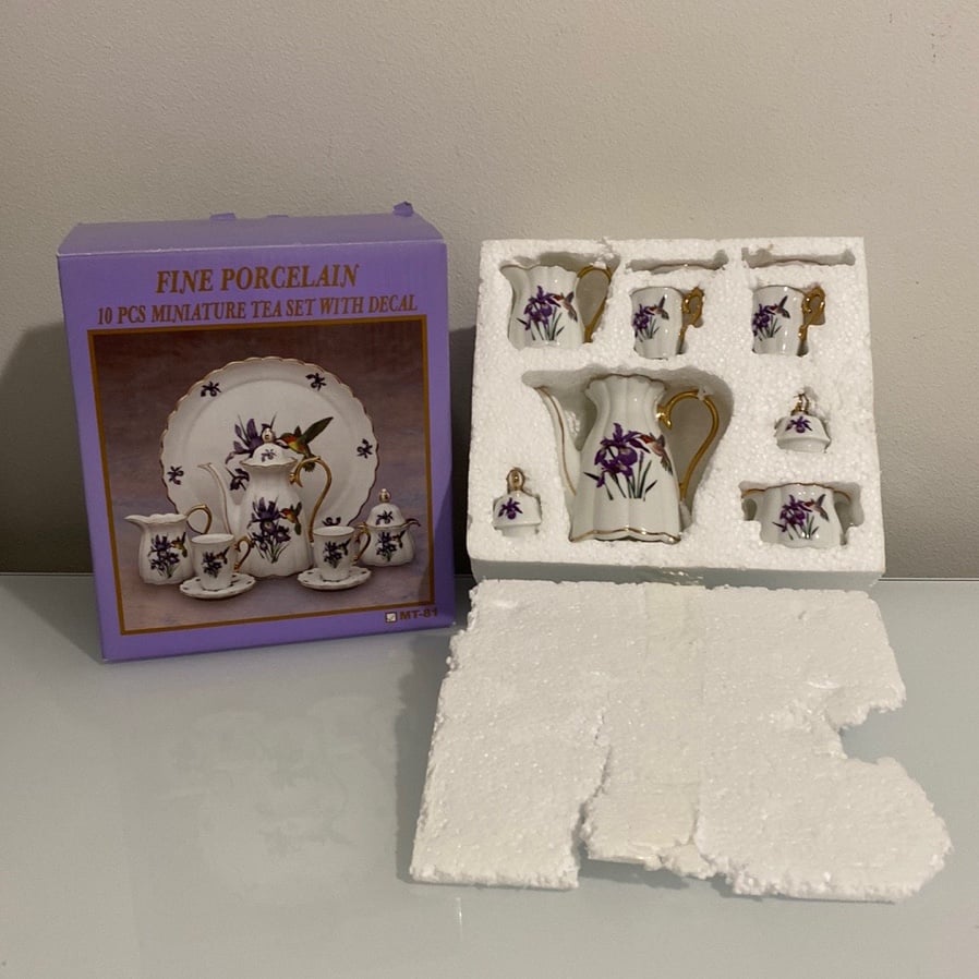 Fine Porcelain 10 Pcs Purple Floral Miniature Tea Set With Decal