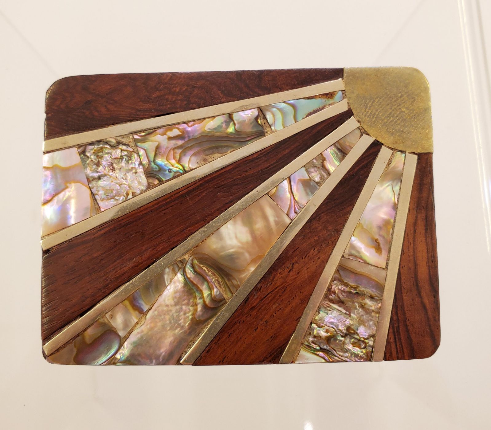 Vintage Boho Brass Wood Abiloni Inlay Mexico Belt Buckle