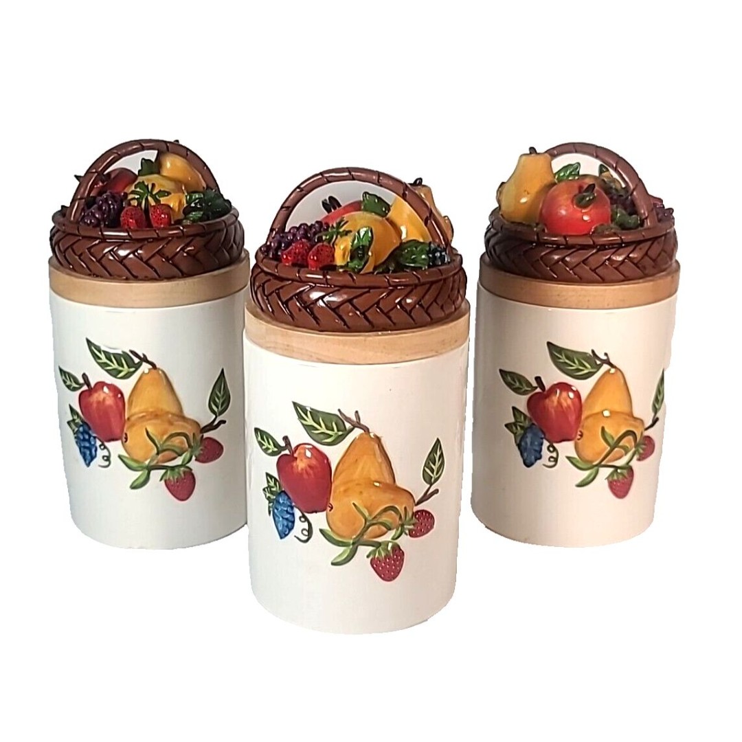 3 Designpac Embossed Ceramic Kitchen Cannisters Resin Wood Fruit Basket Vintage