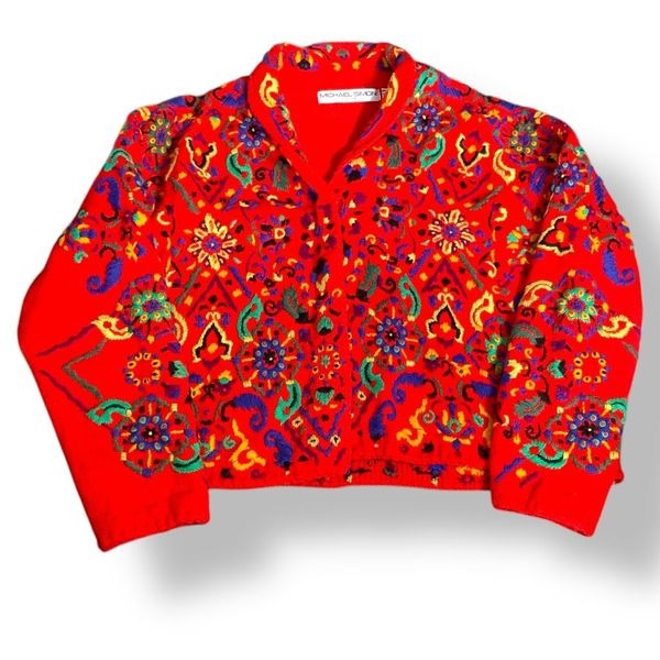 Vintage 90s Michael Simon Embroidered Red Floral Knit Cardigan Sweater Cropped