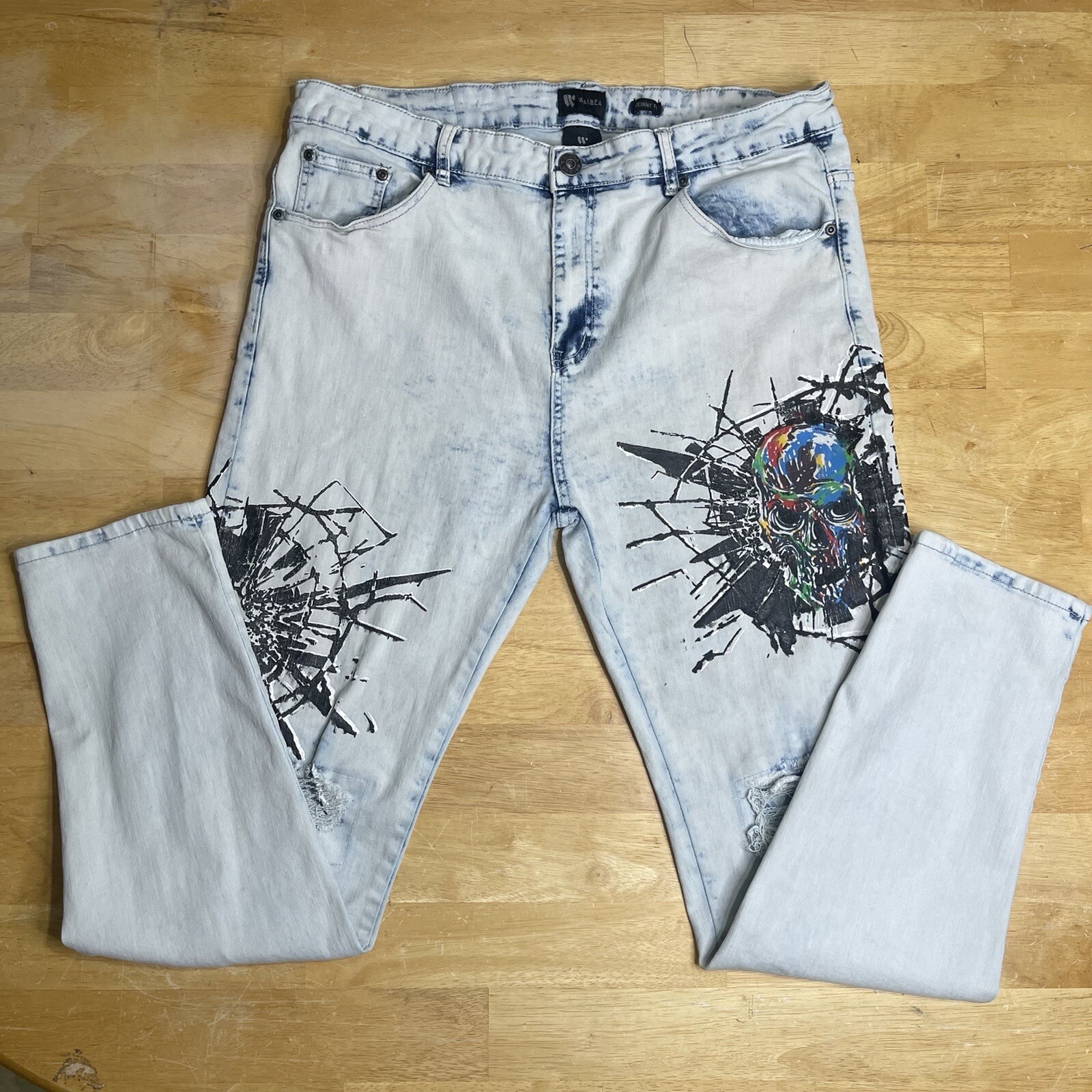 Waimea Jeans Skinny Fit Graffiti Skull Stretch Acid Wash Men's 40x32 Distressed