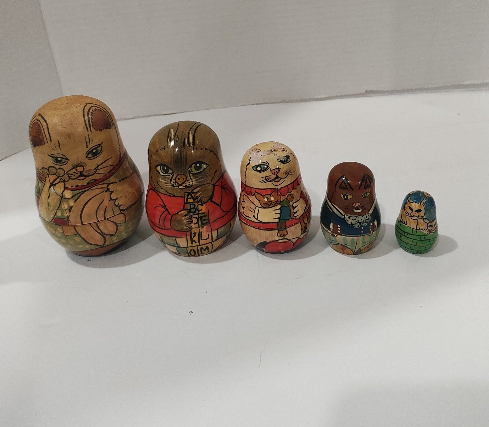 Vintage Wooden matryoshka Russian Nesting Dolls Cats