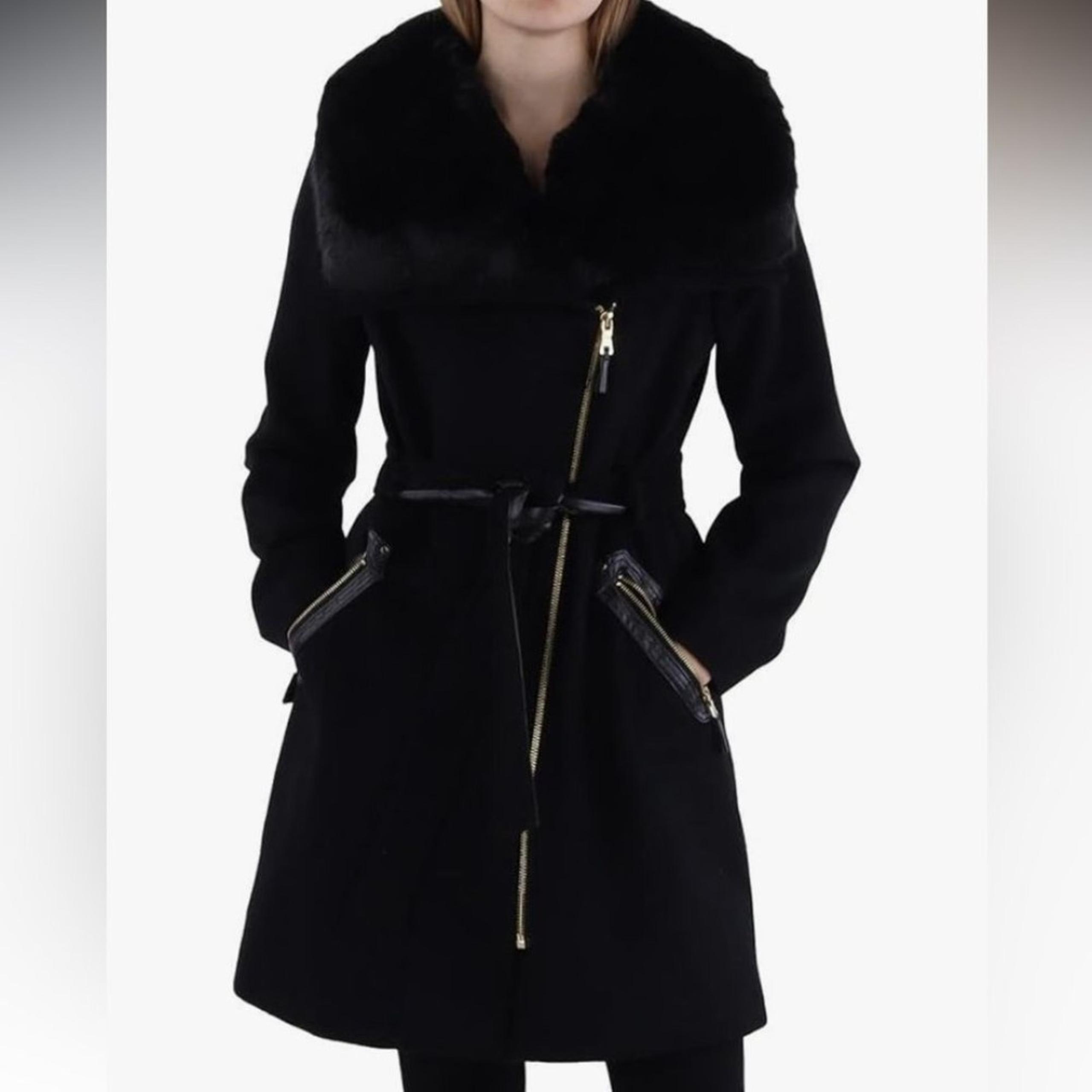 VIA SPIGA Kate Women's Asymmetric Black Wool Blend Coat with Faux Fur Collar 6