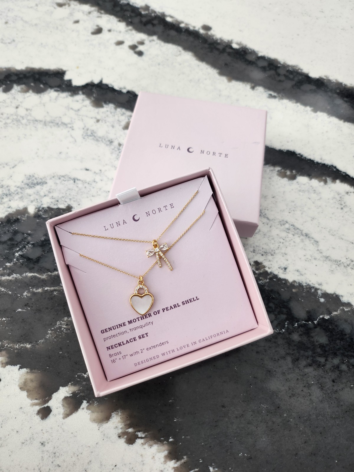 New Luna Norte Valentines Heart In Pink Mother of Pearl & Flower Gold Necklace