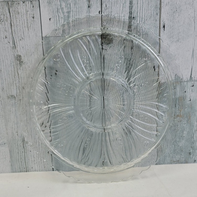 Vintage Cut Glass 13 Round Scalloped Edge Flower Serving Platter Plate