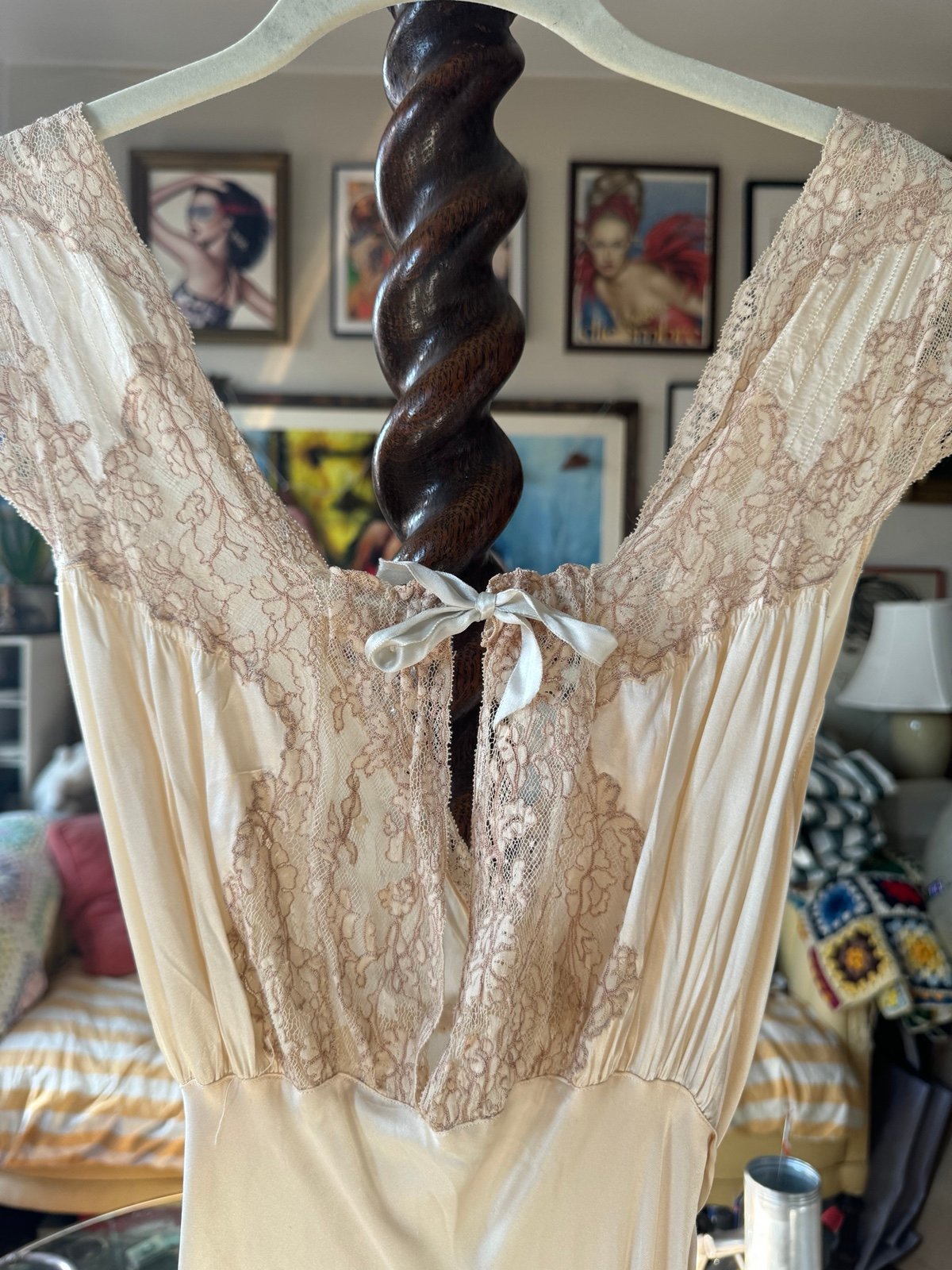 Vintage 1930s Satin & Lace Bias Cut Floor-Length Lingerie Negligée Slip Dress