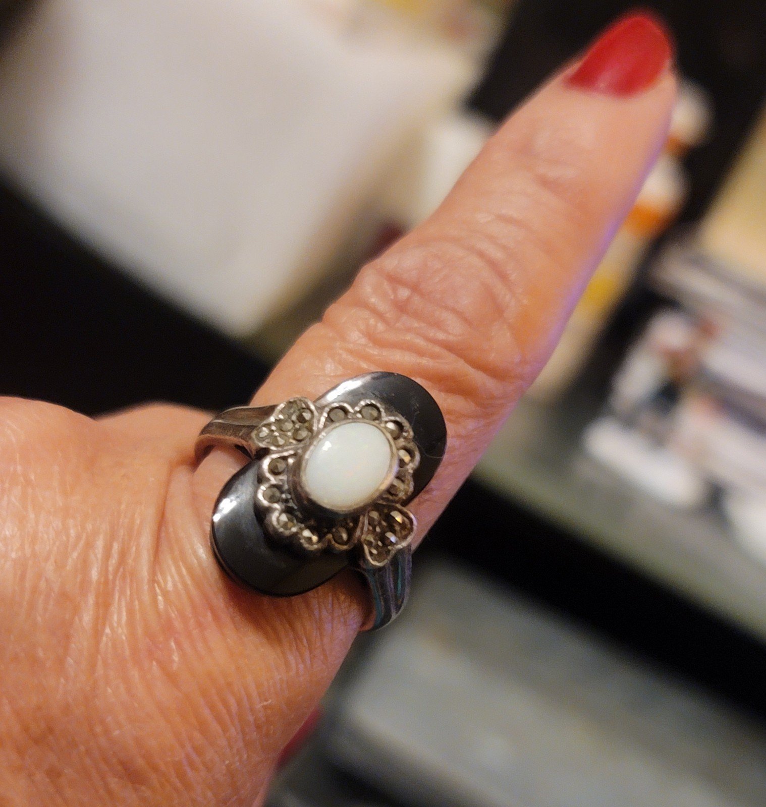 Sterling Silver, Onyx, White Opal, and Marcasite Ring