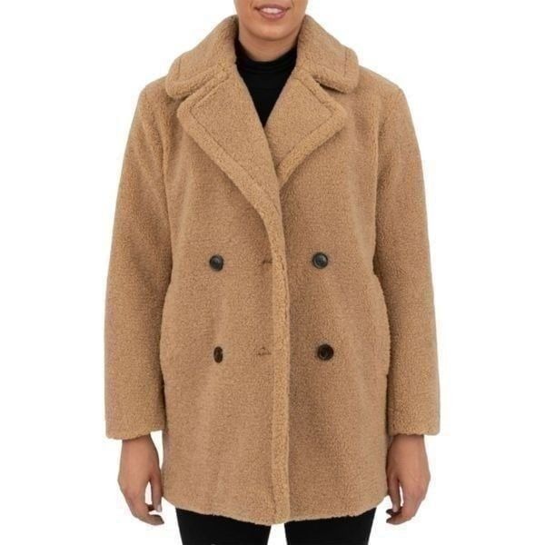Kensie Women's Faux Fur Tan Butterscotch Teddy Double Breasted Jacket Size L