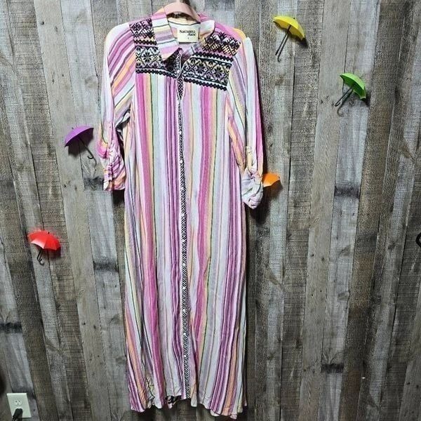 Savanna Jane Pink Stripe Embroidered Duster Cardigan Shirt Dress Boho Bohemian