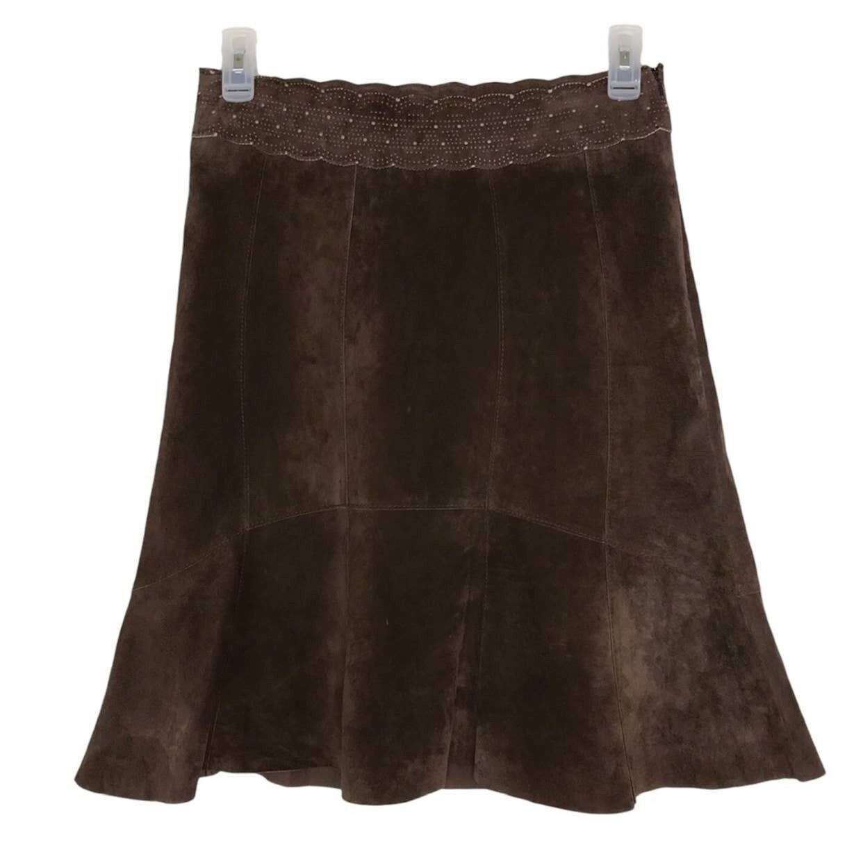 CAbi Brown Leather Suede Trumpet A-Line Skirt