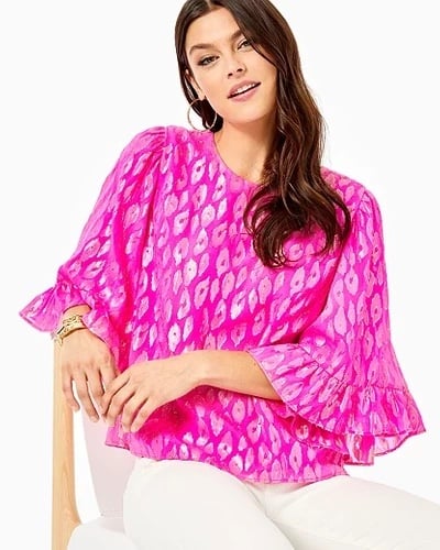 LILLY PULITZER FRANCIS FLOUNCE SLEEVE SILK TOP RAZ BERRY LEOPARD METALLIC
