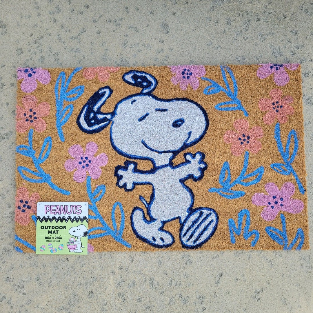 Peanuts Snoopy Dance Spring Blue Pink Flowers Easter Outdoor Coir Door Mat 18x28