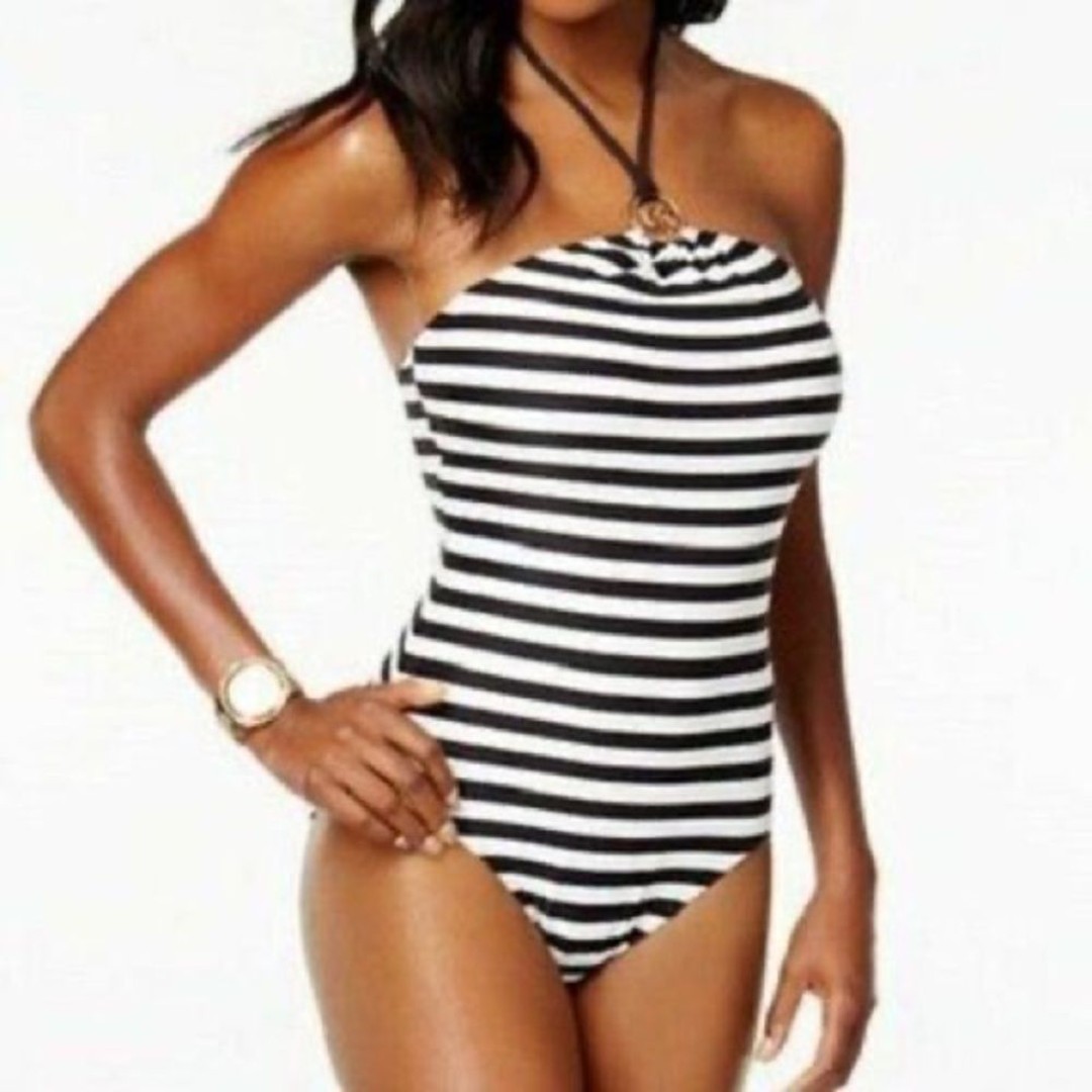 Michael Michael Kors Ring Halter Stripe Black White One Piece Swimsuit Size 6