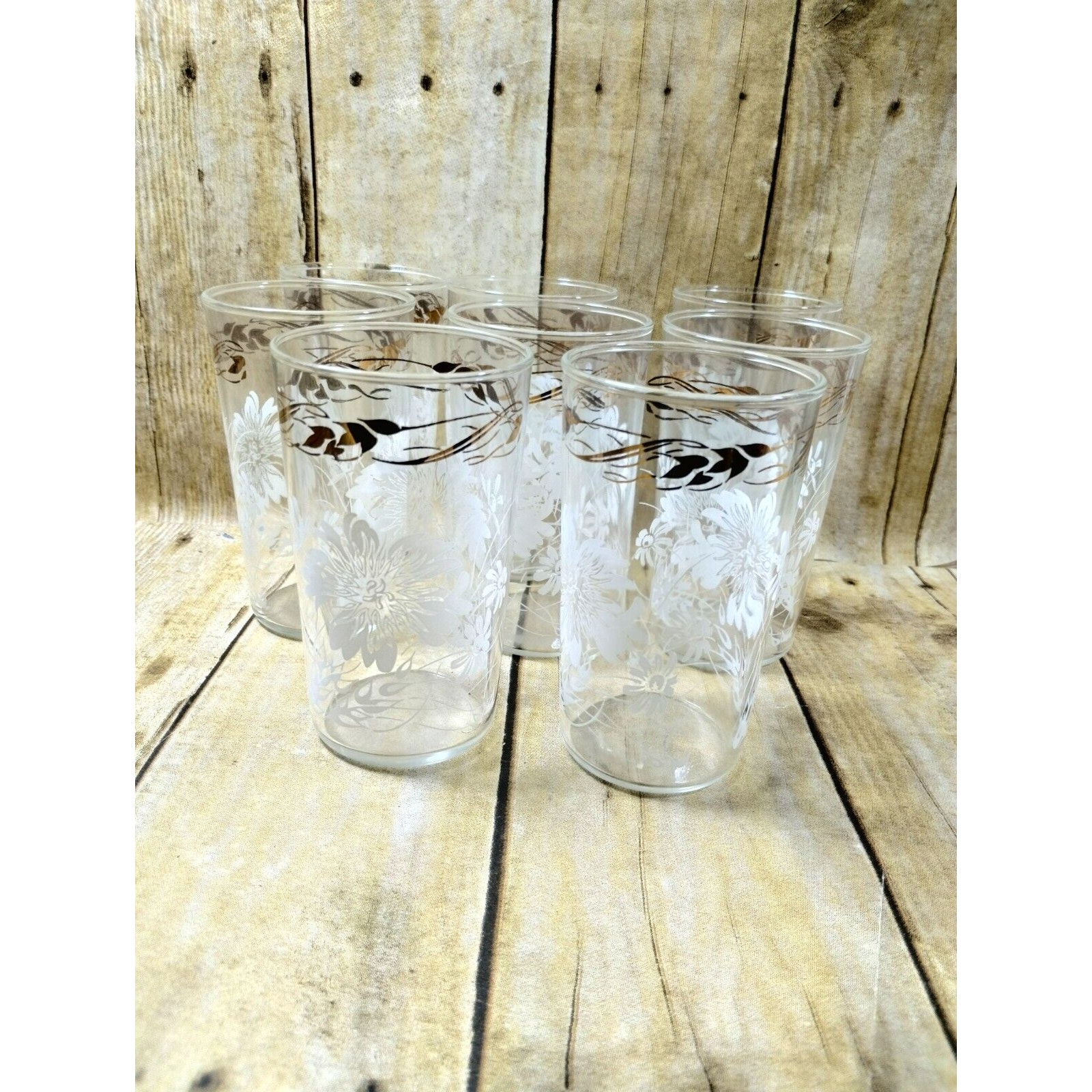 Vtg Federal Glass MCM Juice 8 Tumblers White Gold Floral Drinking Glass