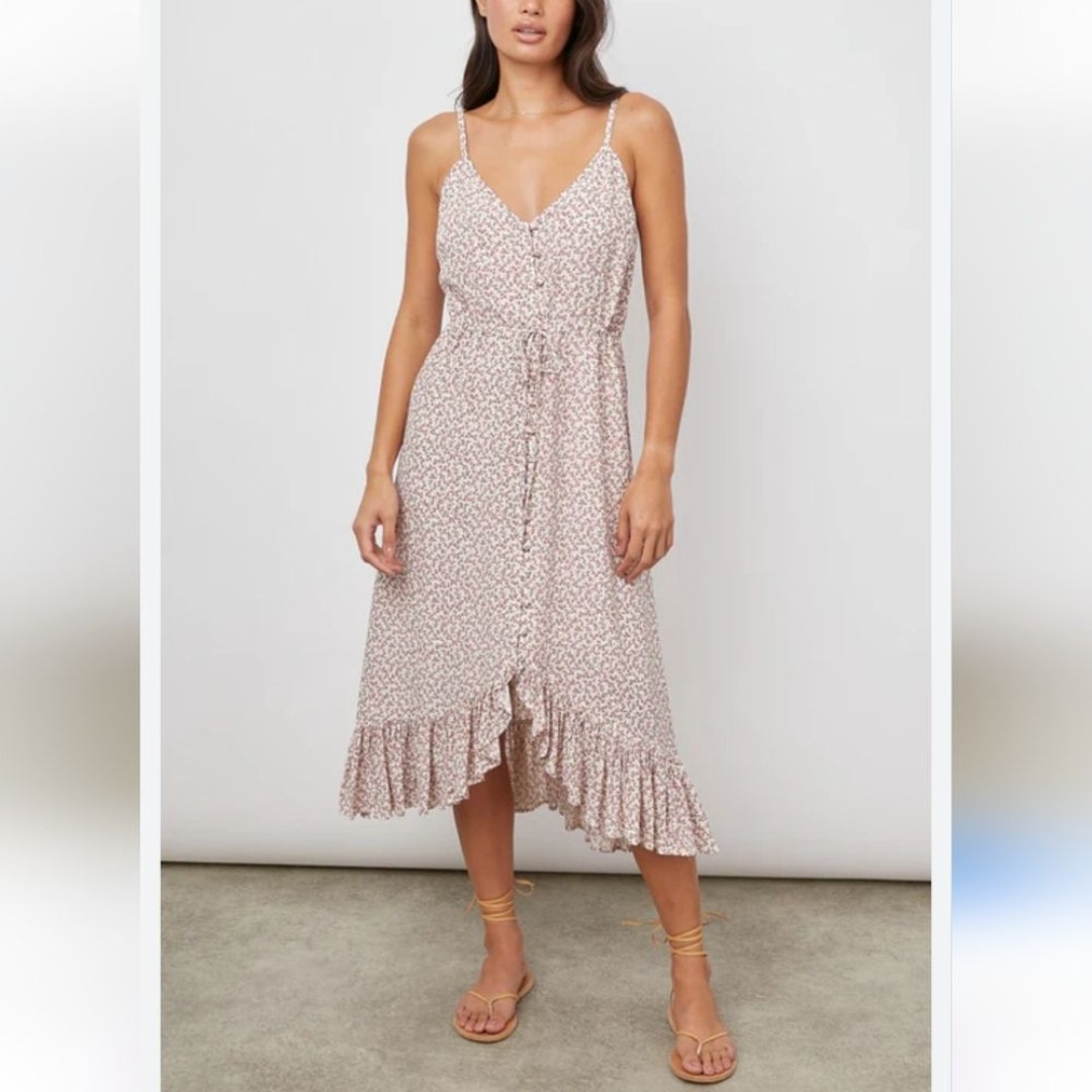 Rails Frida Garden Party Midi Dress Cream Pink Ditsy Floral Ruffle Hem Women's M