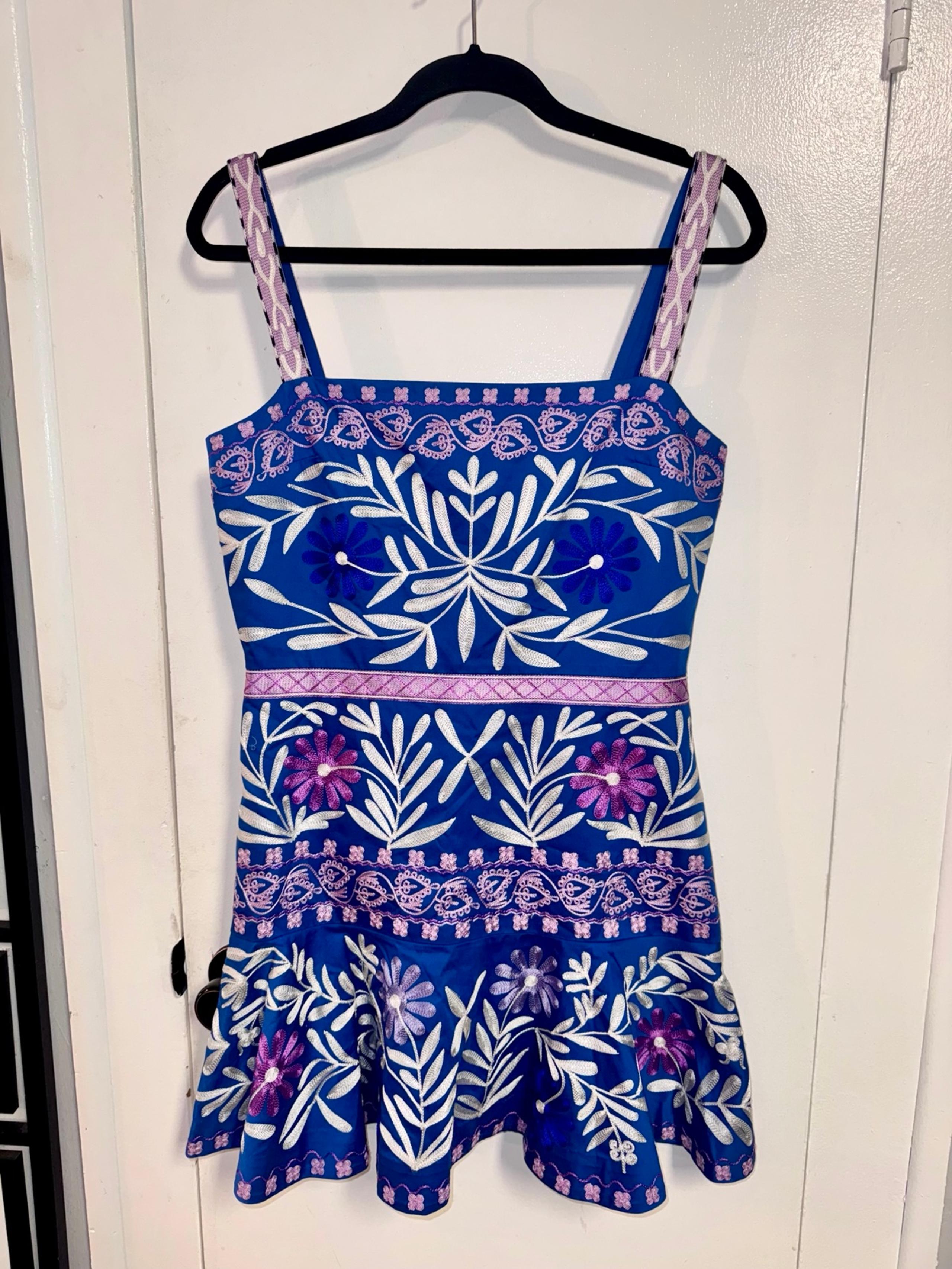 $595 Alexis Venise Blue Embroidered Floral Pure Cotton Mini Dress Size L