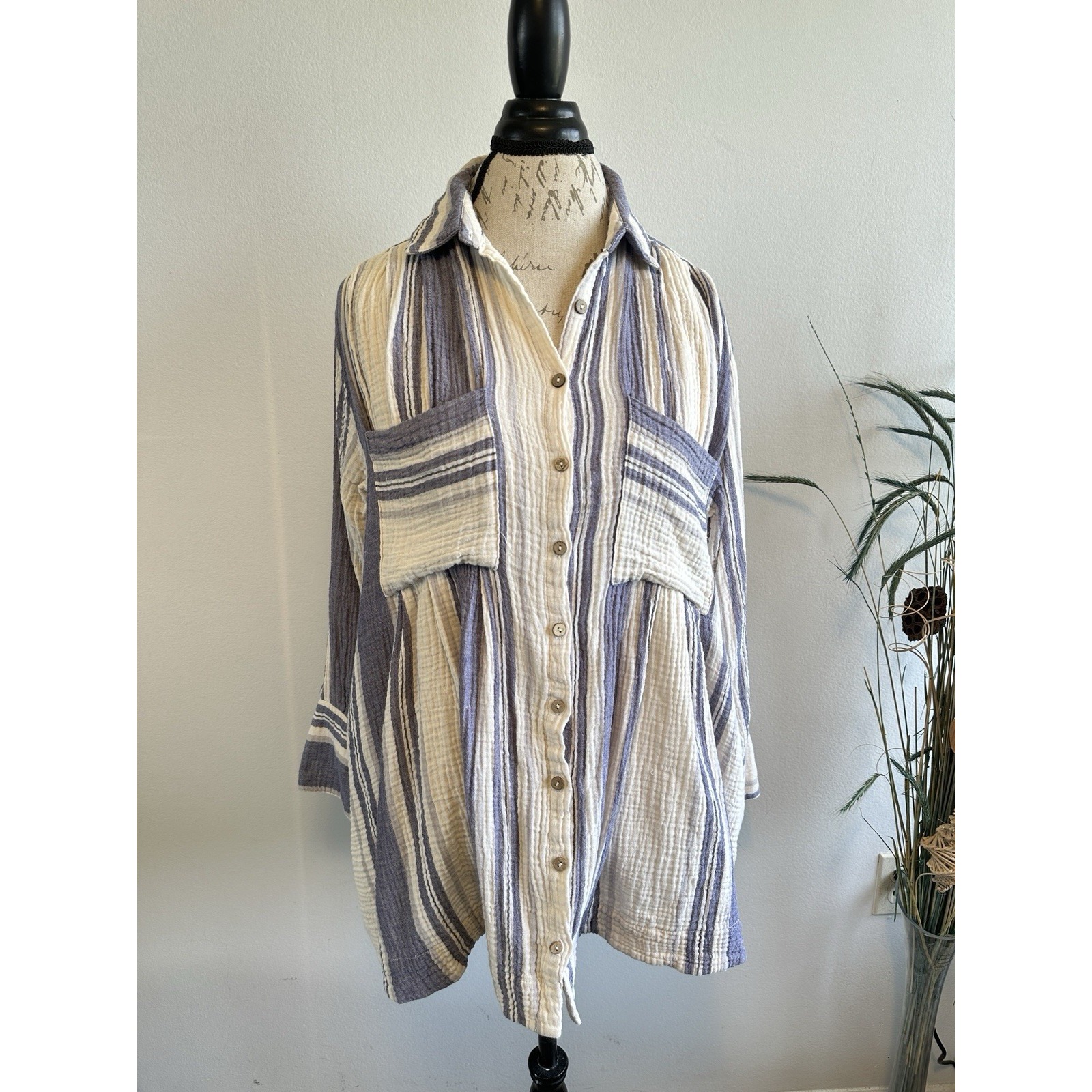 Free People Voyage Striped Blue and White Button-Up Shirt Dress