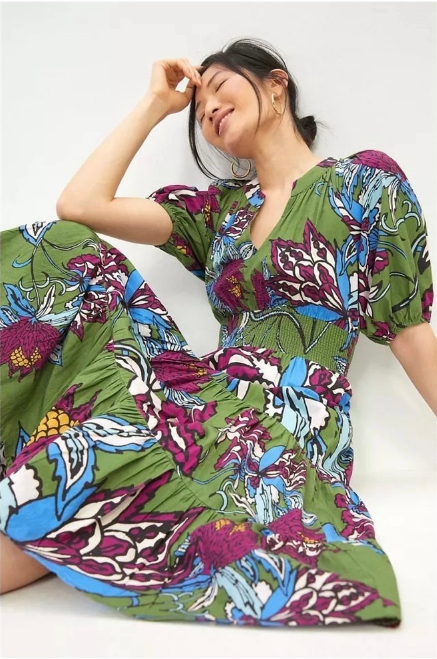 Anthropologie Conditions Apply Puff-Sleeved Floral Midi Dress Size 12