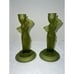Vintage MCM Set Fostoria “Rebecca At The Well” Green Frosted Candlestick Holders