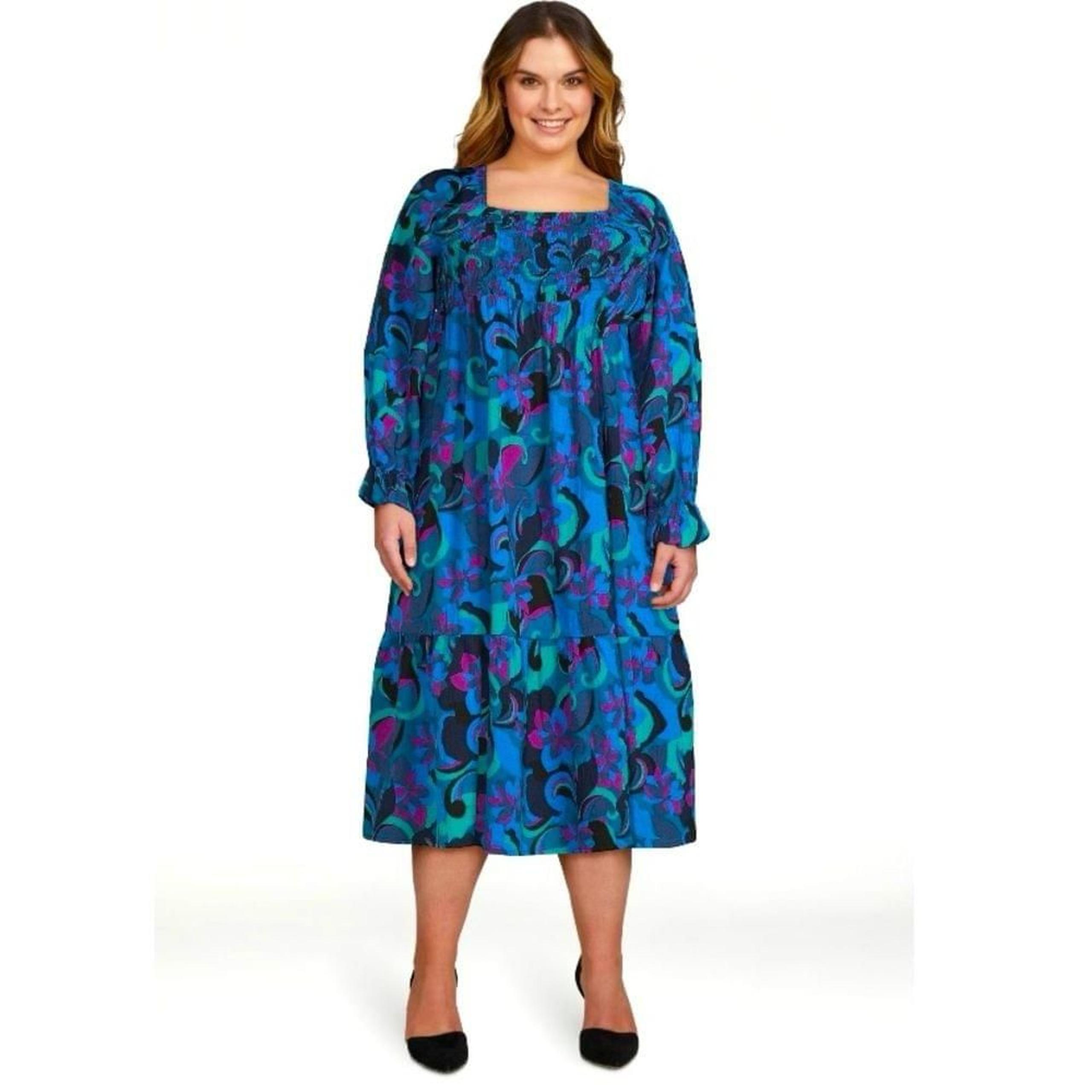 Terra & Sky 0X Women's Plus Size Square Neck Colorful Peasant Midi Dress