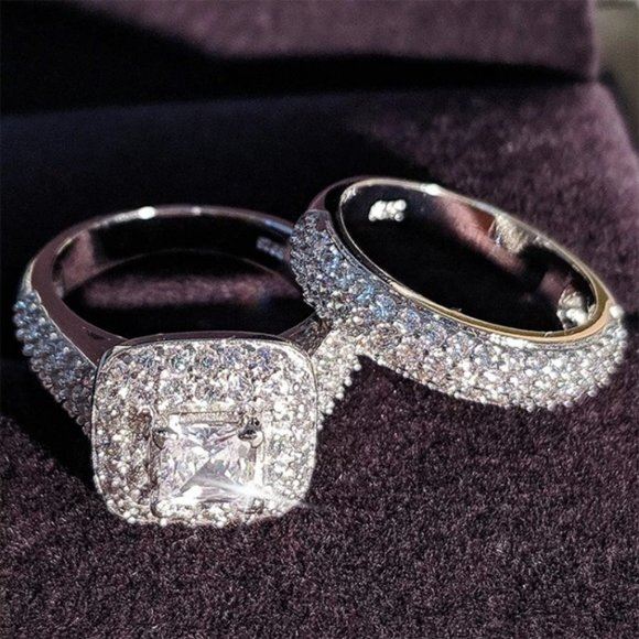 2PC Stamped 925 Silver/18K Diamond Ring