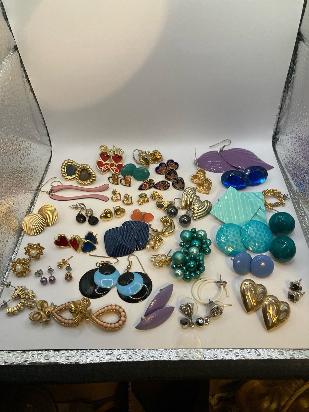 Lot of 44 pairs earrings, wearable, mostly pierced, dangle, posts, hoops