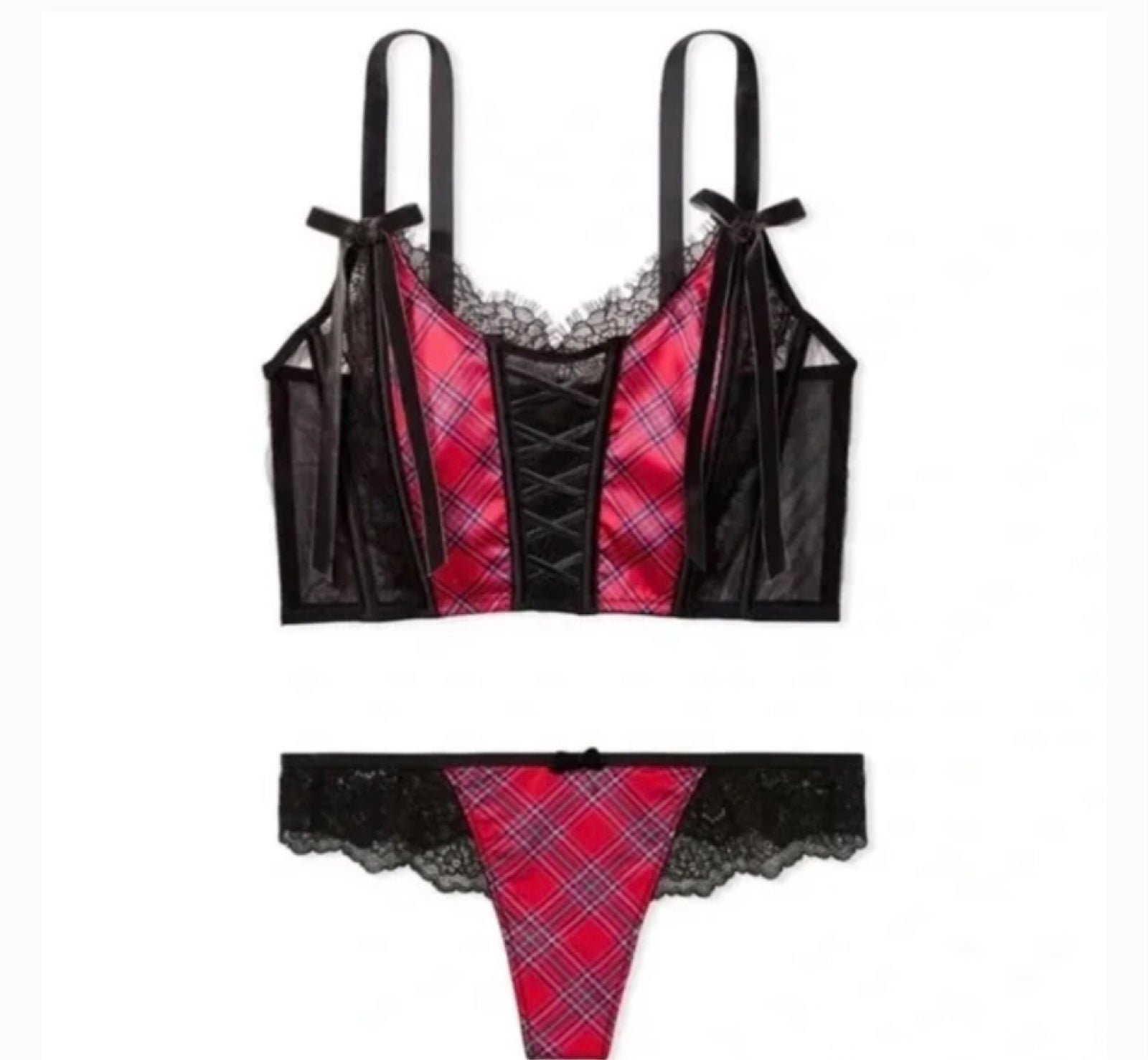 Victoria’s Secret Holiday Plaid Corset Top & Thong XL NEW Satin & Lace