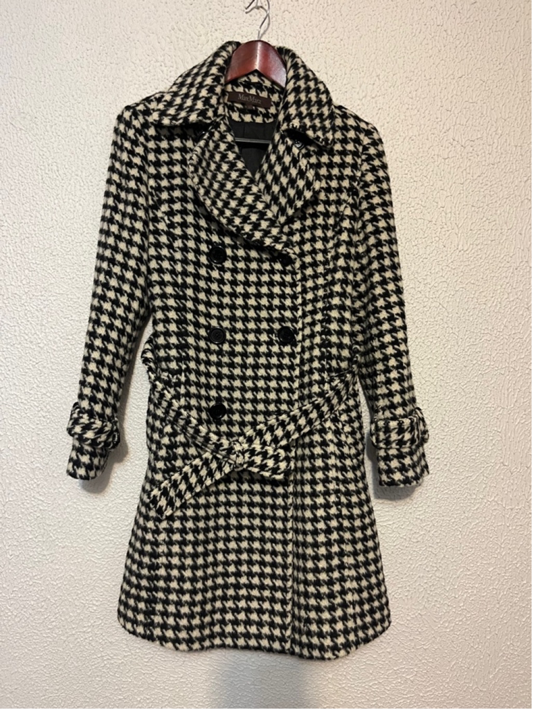 Max Mara Black White Houndstooth Wool Alpaca Double Breasted Belted Pea Coat