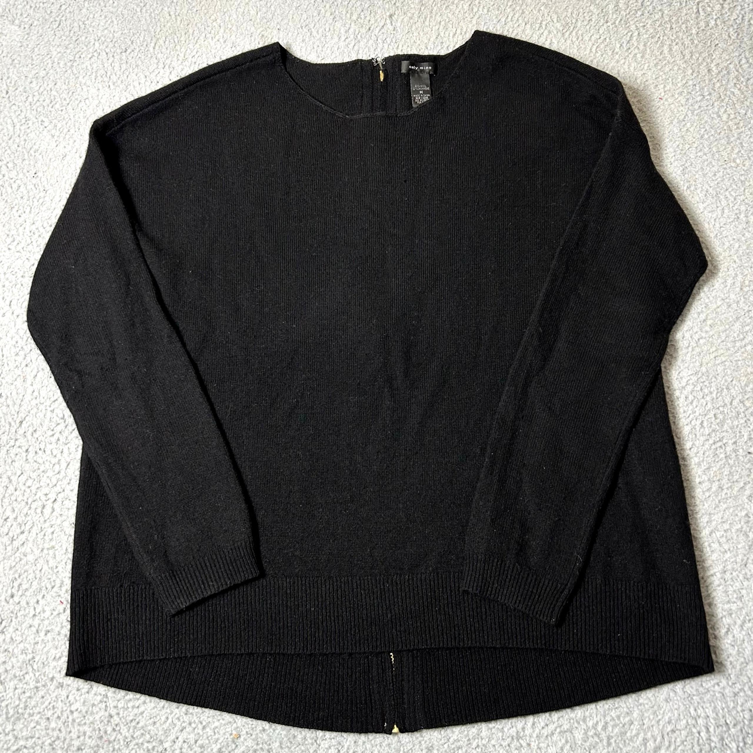 Only Mine Sweater Womens M Black Wool Cashmere Crew Neck Back Zip Closure