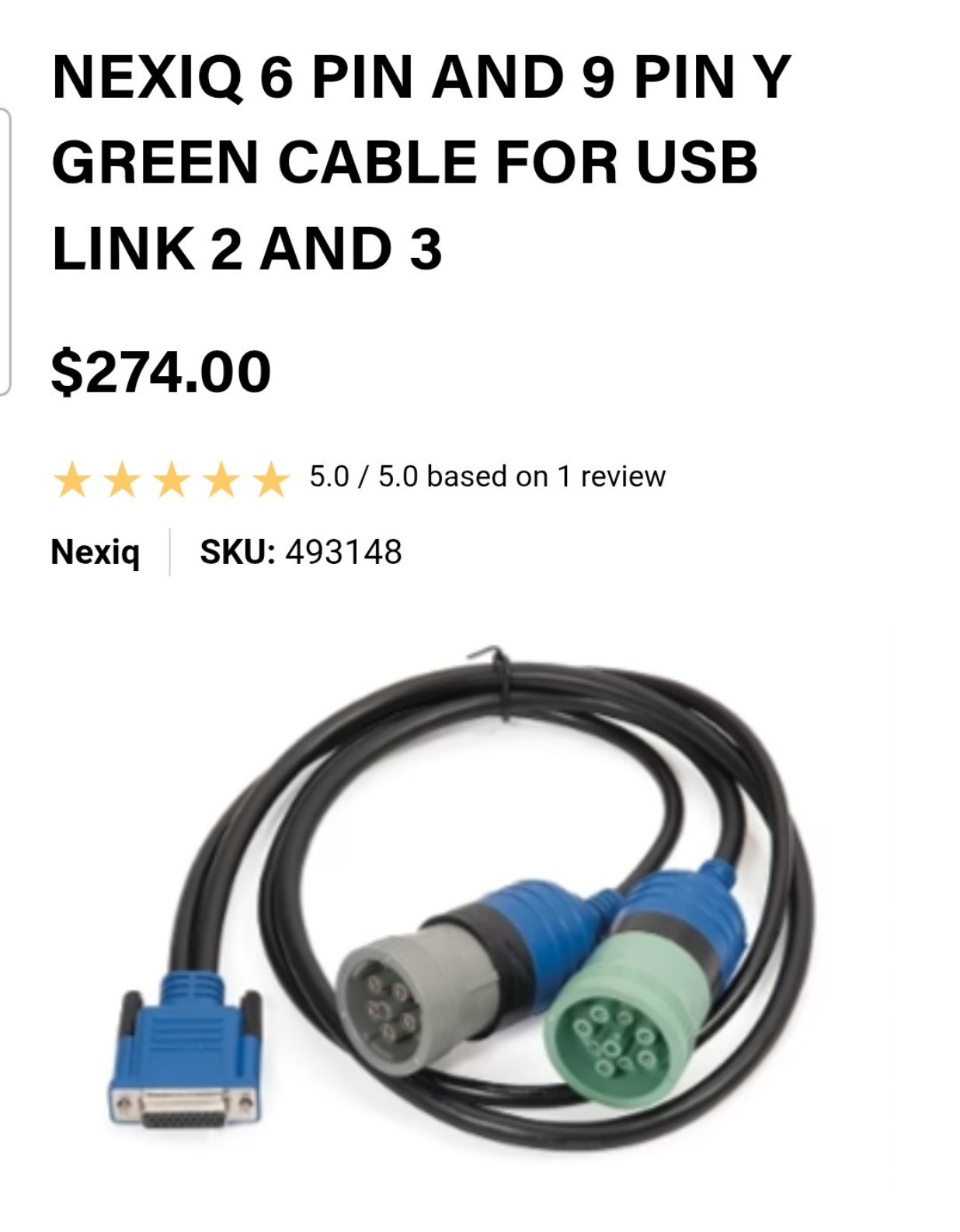 Replacement for Nexiq 6 Pin & 9 Pin Y Green Cable USB Link 2 & 3