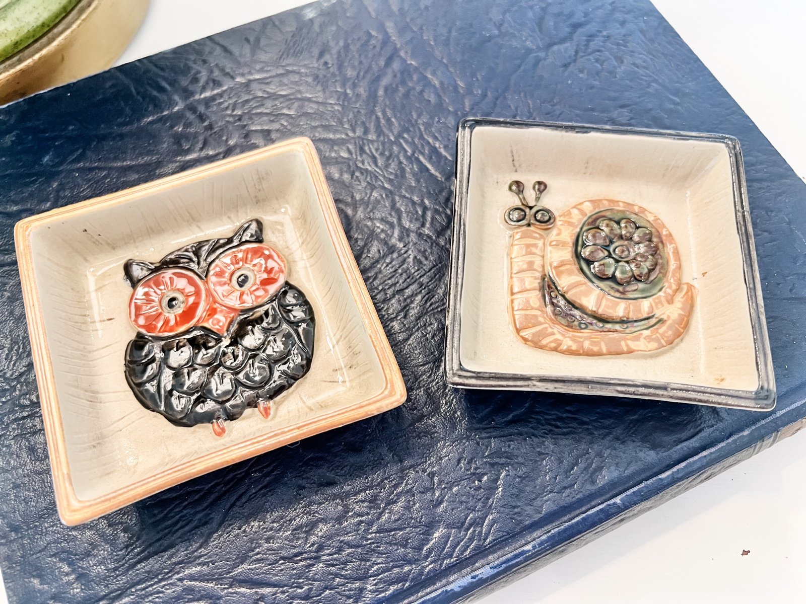 Vintage Set Of 2 Takahashi Trinket Dishes Owl Snail MCM 3.5”x3.5”