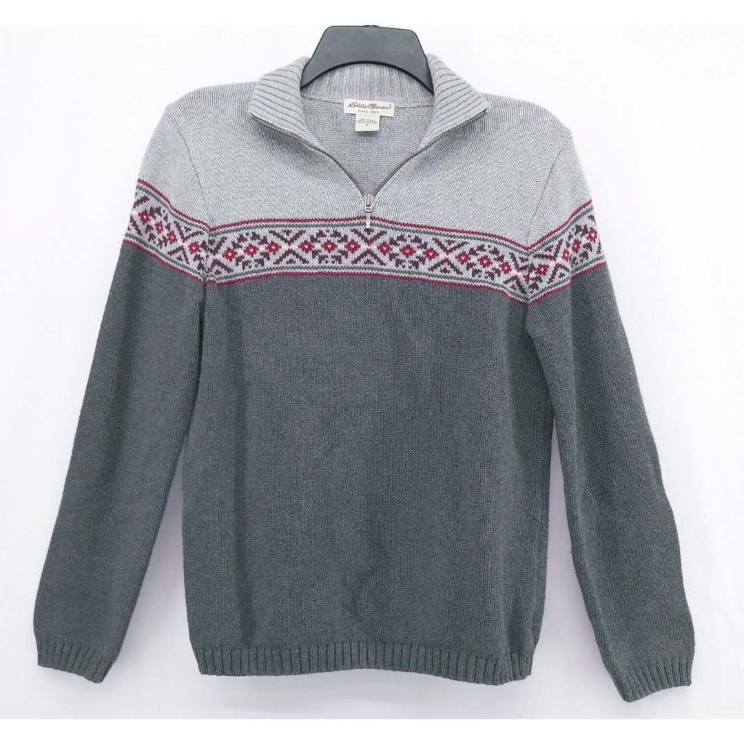 Eddie Bauer Sweater Mens Small Gray Long Sleeve 1/4 Zip 100% Cotton