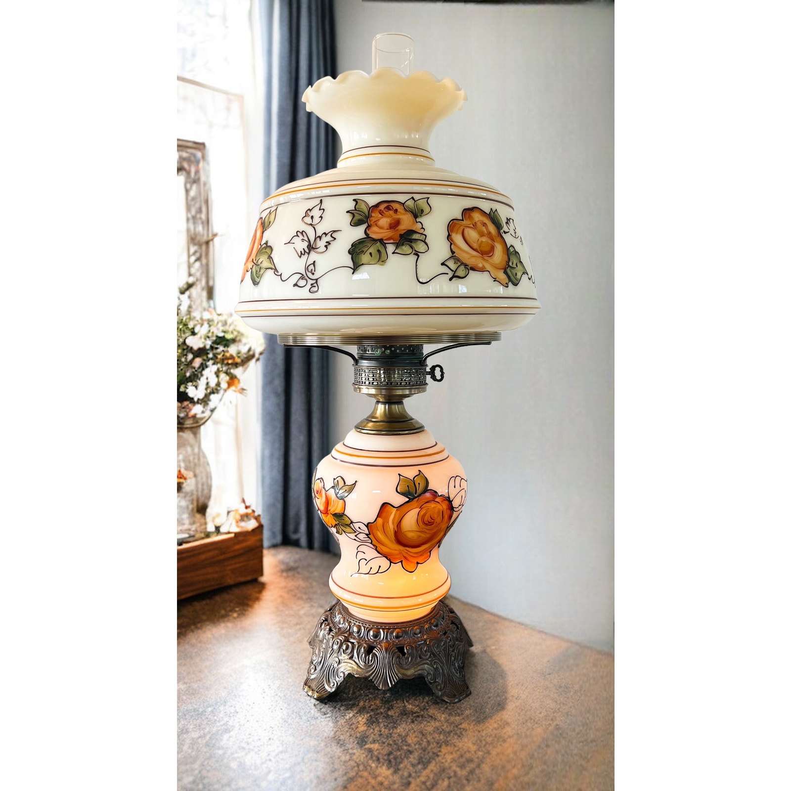 Mid Century Large Flower GWTW Hurricane Lamp 3 Way Light
