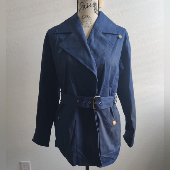 NWT Indigo Sea Navy Blue Cotton double breasted waist length fall trenchcoat (S)